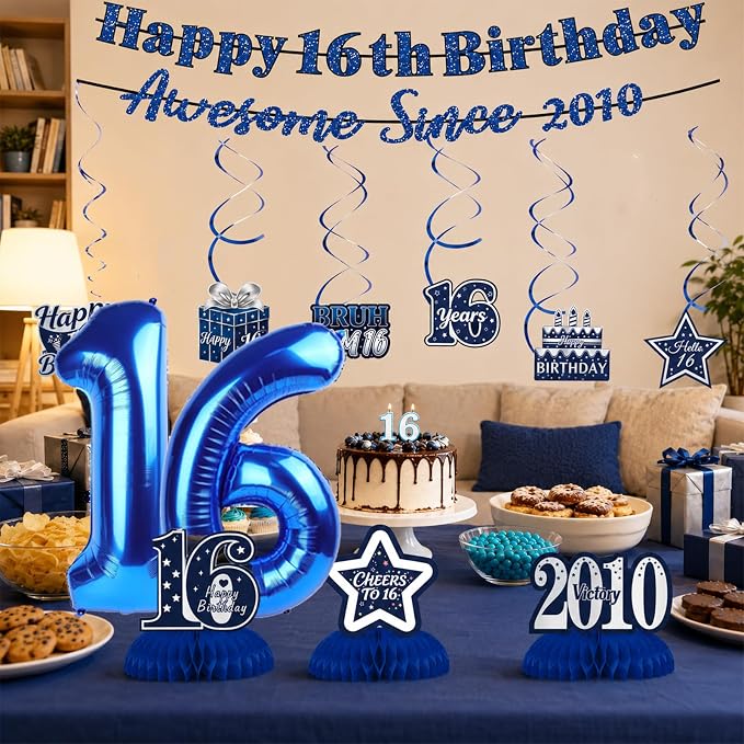 16th Birthday Decorations For Boys, Pre-Strung Navy Blue Happy 16th Birthday & - Image 7