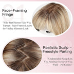 EMMOR Human Hair Toppers for Women Short Bob Real Hair with Bangs 10" Side Part Hairpieces for Women with Thin Hair 6.5" × 6.5" Larger Base Human Wig Toppers(Ombre Blonde & Brown Highlight)