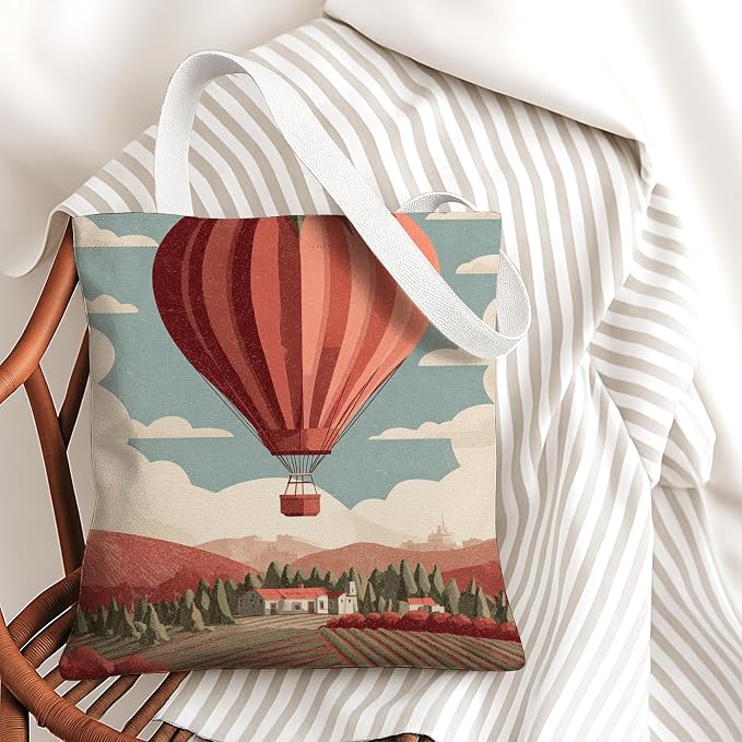 Vintage Hot Air Balloon Canvas Tote Bags, Artistic Landscape Reusable Grocery - Image 2