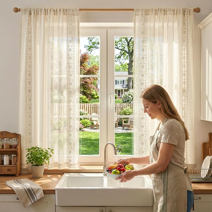 jinchan Floral Sheer Linen Curtains, Back Tab 50x63 Inch, 2 Panels Ivory | Semi - Image 4