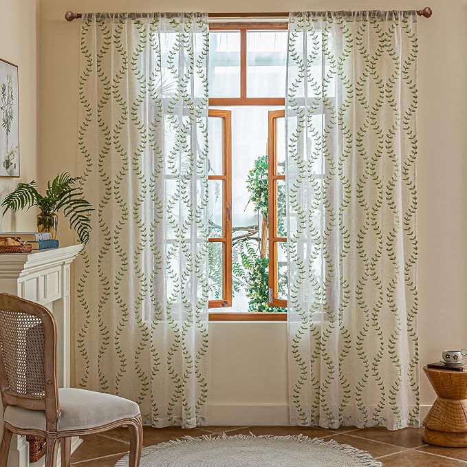 2 Panels Linen Leaf String Floral Embroidered Semi Sheer Curtain Farmhouse - Image 2