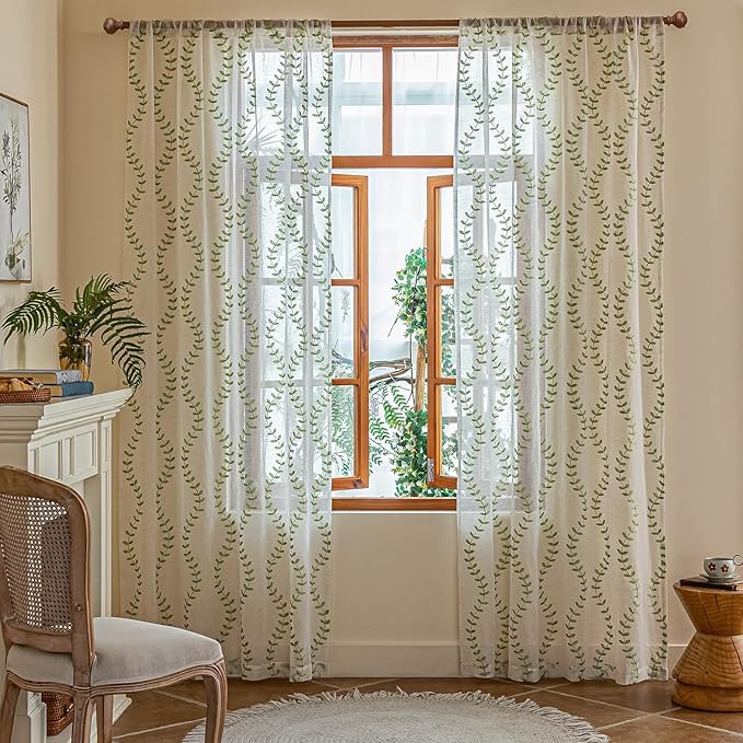2 Panels Linen Leaf String Floral Embroidered Semi Sheer Curtain Farmhouse - Image 2