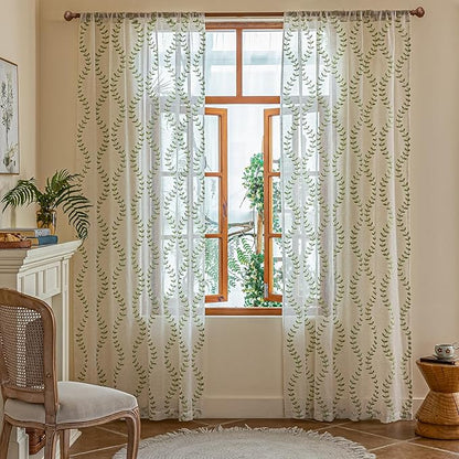 2 Panels Linen Leaf String Floral Embroidered Semi Sheer Curtain Farmhouse - Image 2