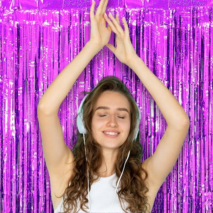 Voircoloria Laser Purple Foil Fringe Backdrop Curtains, 2 Pack | Tinsel - Image 8