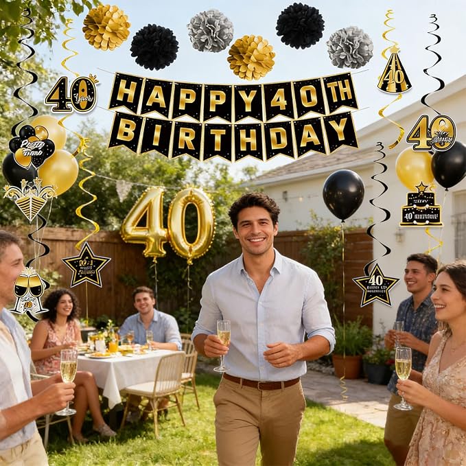 40th Birthday Decorations for Men Women | Pre-Strung Black Gold Happy Birthday - Image 5
