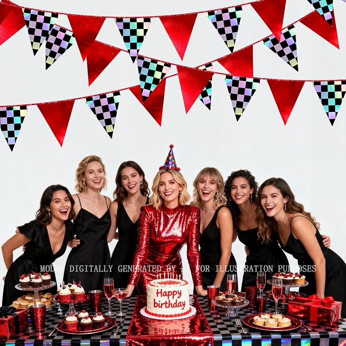 Racing Party Decorations Iridescent Checkered Red Pennant Banner Flag Hanging - Image 4