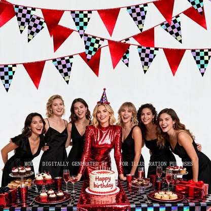 Racing Party Decorations Iridescent Checkered Red Pennant Banner Flag Hanging - Image 4