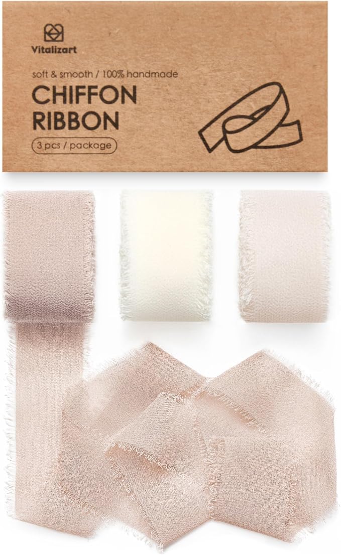 Vitalizart Nude & White Chiffon Silk Ribbon 1" x 21 Yd Handmade Fringe | Frayed by Vitalizart