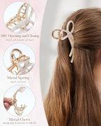 ACECHA 2 Pack Gold Metal Bow Hair Claw Clips for Women, 4.5" Colorful Non-slip Hairclips for Thick Thin Hair Claws Strong Hold Styling (B-White)