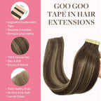 GOO GOO Tape in Hair Extensions Human Hair, 4/27/4 Balayage Chocolate Brown to Caramel Blonde, 24inch 30g 10pcs, Skin Weft Seamless Invisible, Silky Straight with Thick Ends, Remy Human Hair