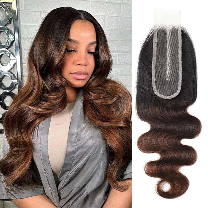 2x6 HD Lace Closure Body Wave Human Hair T1B/2/30 Chestnut Brown Ombre Transparent Lace Closure 2x6 Long Middle Part 100% Raw Virgin Human Hair 20 Inch 150% Density