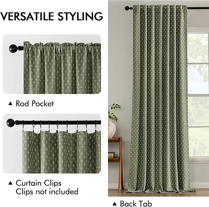 MIULEE Patterned Farmhouse Linen Curtains, Back Tab, Olive Green | Linen - Image 3