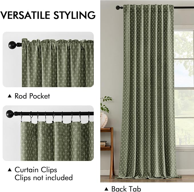 MIULEE Patterned Farmhouse Linen Curtains, Back Tab, Olive Green | Linen - Image 3