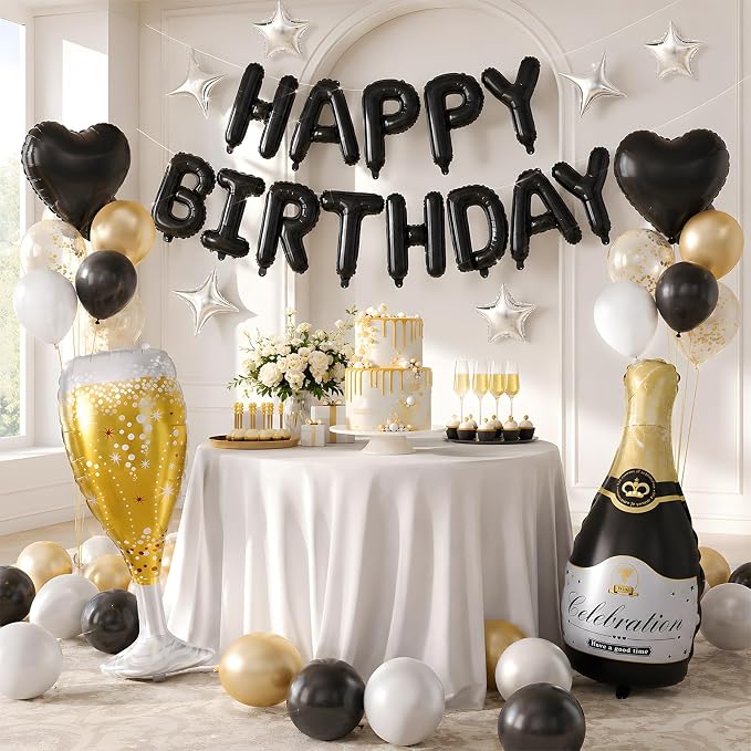 Black Happy Birthday Balloons Banner, Champagne Bottle Glass Balloon - Image 8