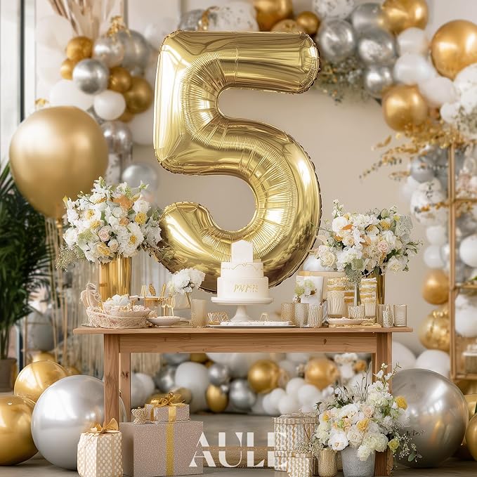 AULE 40 Inch Light Gold 5 Balloon Number Foil 0-9 Birthday Big Numbers | - Image 2