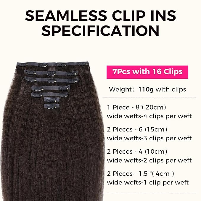 Lashey Seamless Clip in Hair Extensions Human Hair #2 Dark Brown Kinky Straight 7pcs 110g 16 Inch PU Weft Human Hair Clip in Extensions for Women