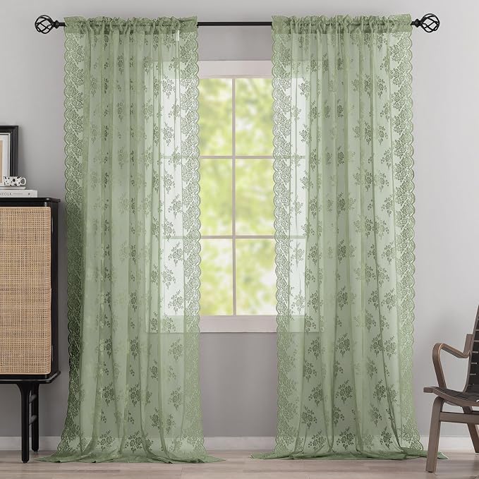 Kotile Sage Green Sheer Lace Curtains - Image 7