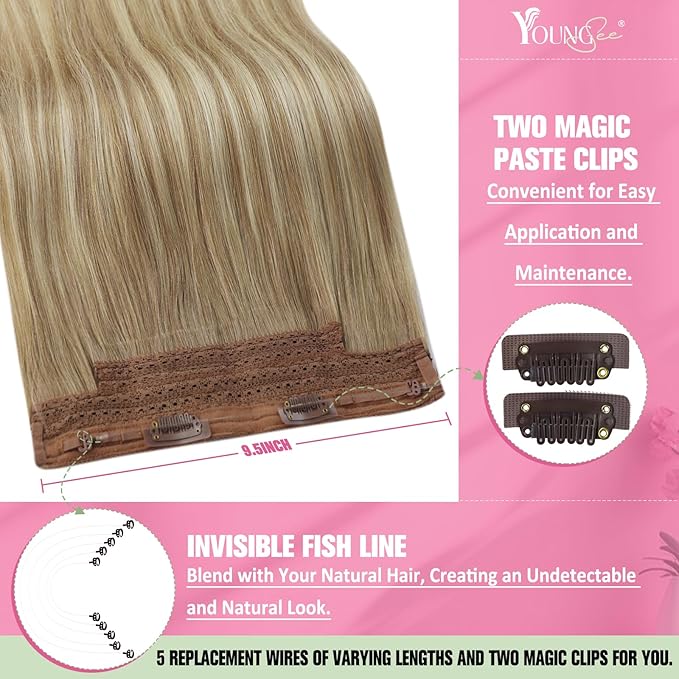 YoungSee 100G Wire Hair Extensions Light Brown Mix Platinum Blonde Human Hair Wire Balayage Fish Line Hair Extensions Real Human Hair Long Straight Hair 20Inch
