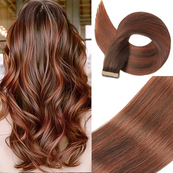 Chocolate Brown to Auburn Brown Tape in Hair Extensions Human Hair, 20pcs 16 Inch Remy Hair Extensions Straight Human Hair Tape in Extensions Skin Weft Tape Extensions Human Hair (#4/33/4,16 Inch)