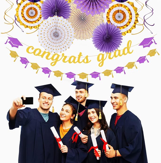 Purple-White Gold Party-Decorations Graduation Banner-Streamers - Image 4