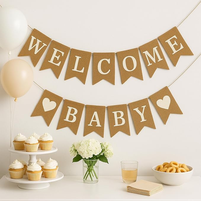 Welcome Baby Burlap Banner for Baby Shower Decorations and Gender Reveal Party by ShimmerAnnaShine