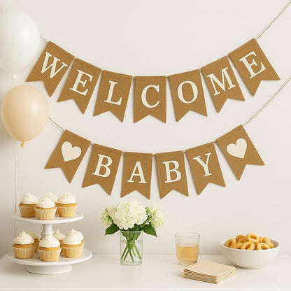 Welcome Baby Burlap Banner for Baby Shower Decorations and Gender Reveal Party by ShimmerAnnaShine