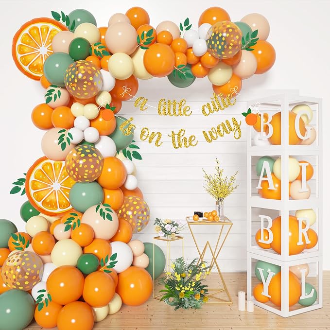 138pcs Little Cutie Baby Shower Orange Balloon Arch Kit Boxes Decoration | Baby by Amandir