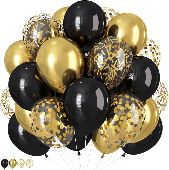 Black and Gold Balloons, 12 Inch Black and Metallic Chrome Gold Confetti by Togvu