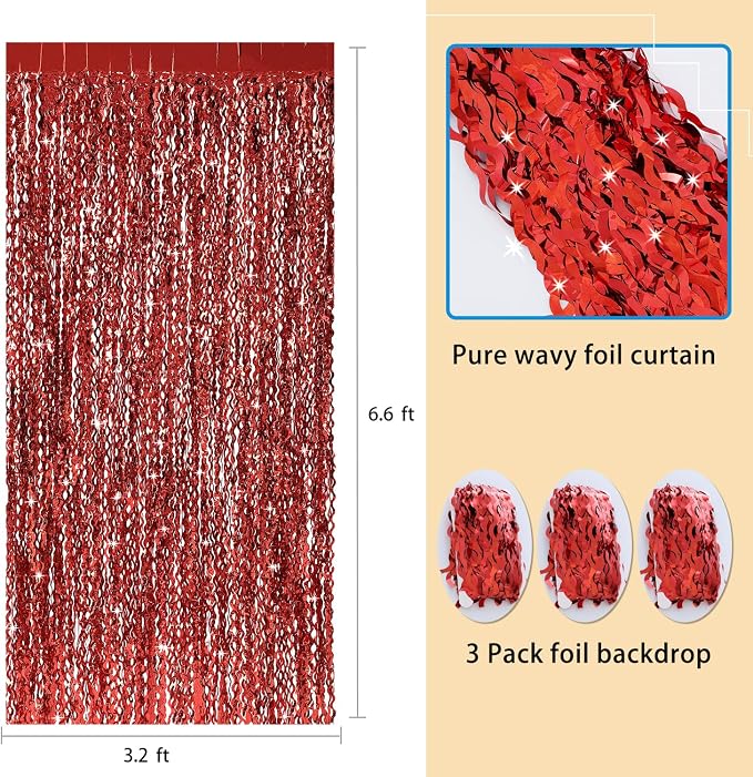 CYLMFC 3 Pack Red Aluminium Foil Curtains, 3.3ft x 6.6ft, Wavy Shape, - Image 3