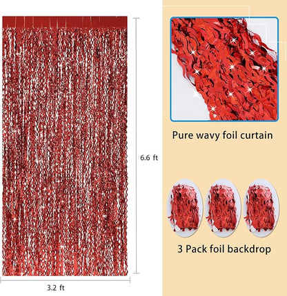CYLMFC 3 Pack Red Aluminium Foil Curtains, 3.3ft x 6.6ft, Wavy Shape, - Image 3