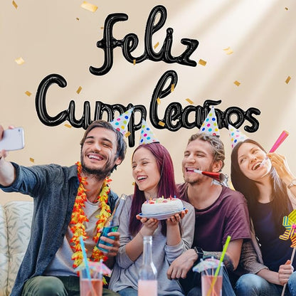 ZHENGYE Black Feliz Cumpleanos Small Letters Conjoined Balloons Banner Happy - Image 2