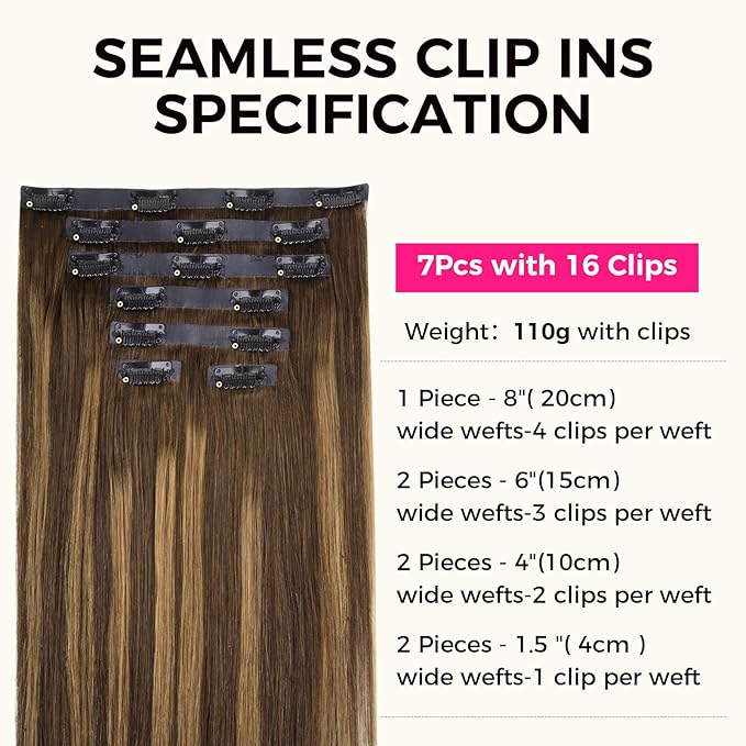 Lashey Seamless Clip in Hair Extensions Human Hair, 16 Inch 110g 7pcs Straight Balayage Chocolate Brown to Honey Blonde with Brown Root Highlight Clip in Hair Extensions for Women