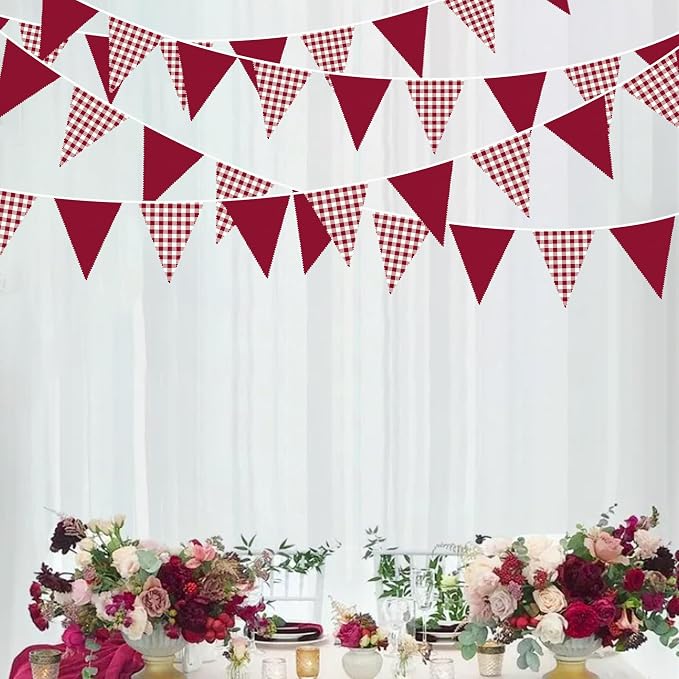 32Ft Burgundy Party Decorations Burgundy Gingham Plaid Checkered Triangle Flag - Image 5