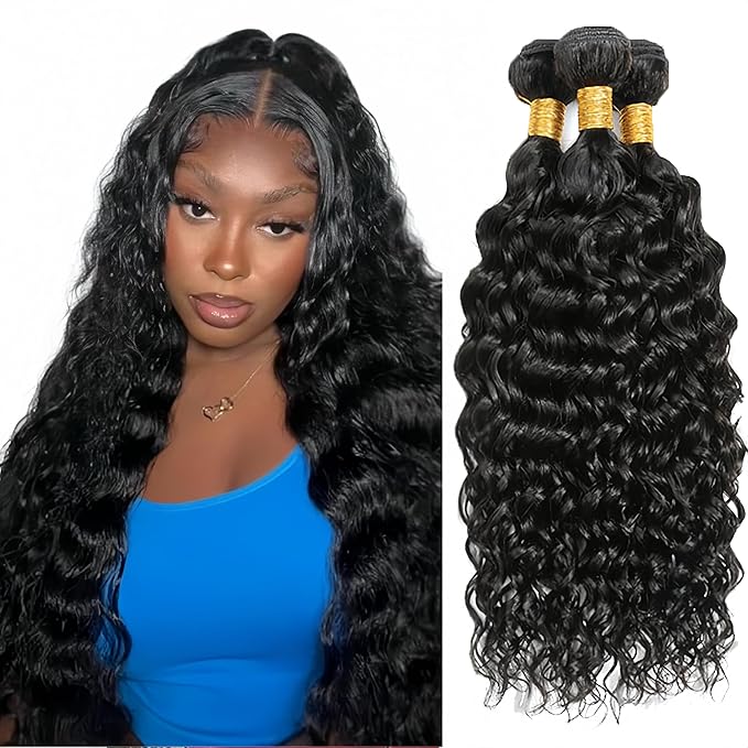 30 32 34 Inch Human Hair Bundles Color 1B Water Wave Bundles Double Weft Natural Black Wet and Wavy Bundle Niegmeag Brazilian Virgin Remy Hair Extensions