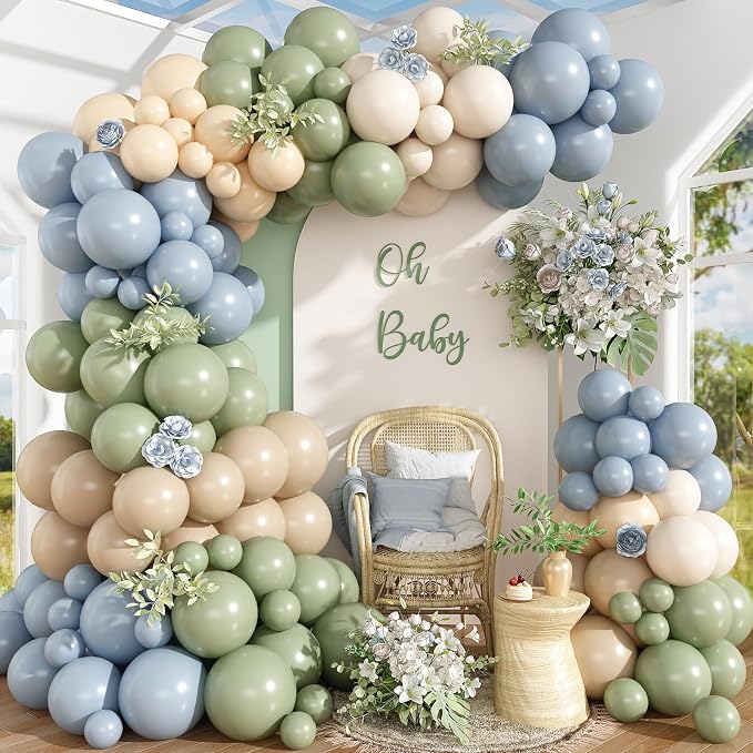 Dusty Blue Sage Green Balloon Garland Arch Kit, Double Stuffed Fog Blue Green by Paeyeq