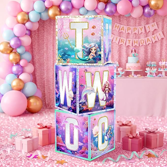 3 Pcs 2nd Mermaid Birthday Decorations Two Birthday Balloon Boxes Mermaid Party by Unknown