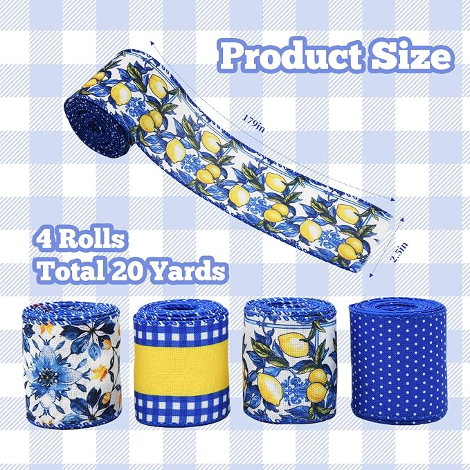 4 Rolls Lemon Wired Edge Ribbon - Image 3