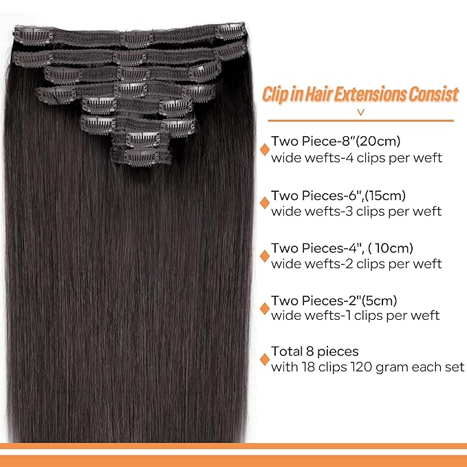 Straight Clip In Hair Extensions Real Human Hair 8Pcs Clip In Dark Brown Human Hair Extensions with 18Clips Lace Weft 120g 20inch