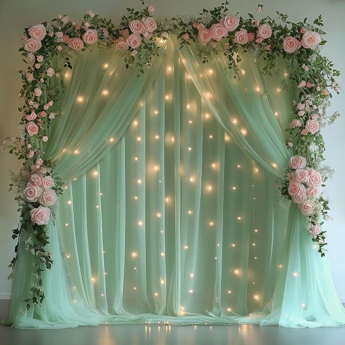 Tulle Backdrop Curtain with Lights Green Sheer Curtains Backdrop 10x10ft | - Image 7