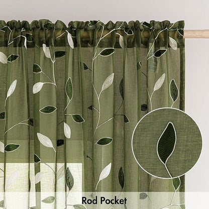 MIULEE Olive Green Sheer Curtains 2 Panels Leaf Patterned, W52 x L63 | - Image 6