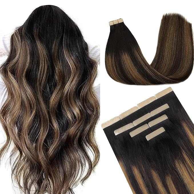 DOORES Tape-in Hair Extensions, 25g 10pcs 18 Inch Balayage Natural Black to Chestnut Brown, Straight Skin Weft Natural Hair Extensions