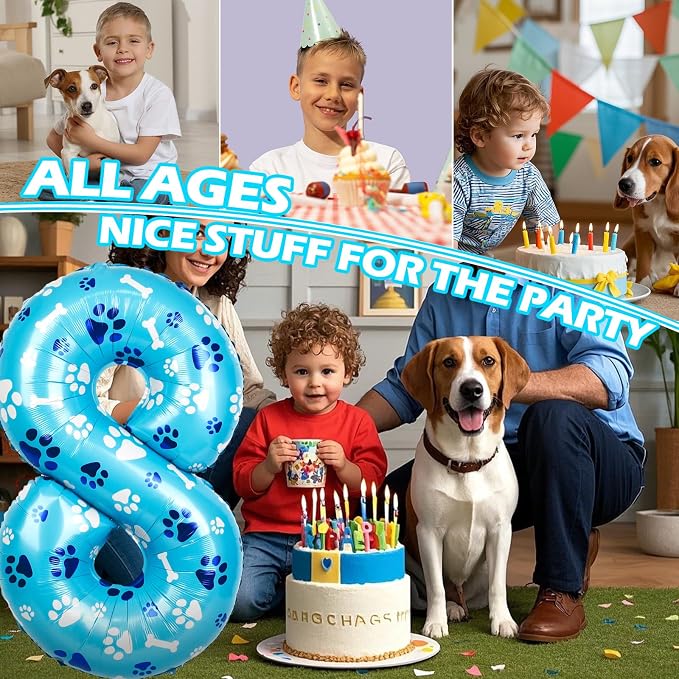 40 Inch Blue Dog Paw Birthday Balloons, Number 8 Balloons - Image 5