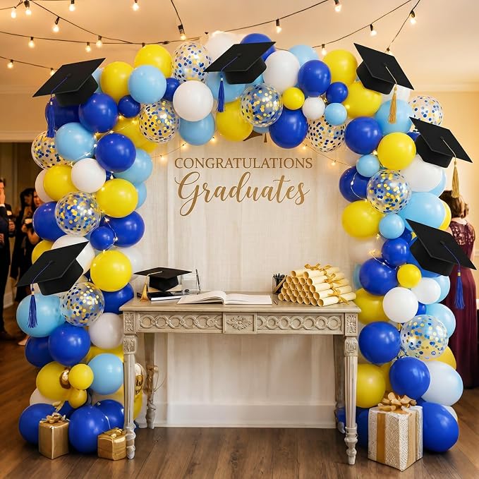Blue Yellow Balloons, 12Inch Dark Light Blue Yellow and White Latex Balloon - Image 3