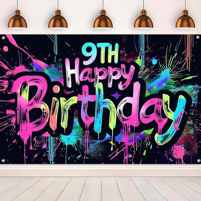 HOMETITUTE Neon 9th Birthday Banner Backdrop Decorations 71x43 Inch | Graffiti - Image 5