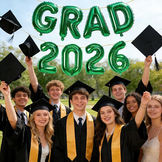 Green GRAD 2026 Banner Balloons, 16 Inch Mylar Foil letter Graduation Balloons - Image 3