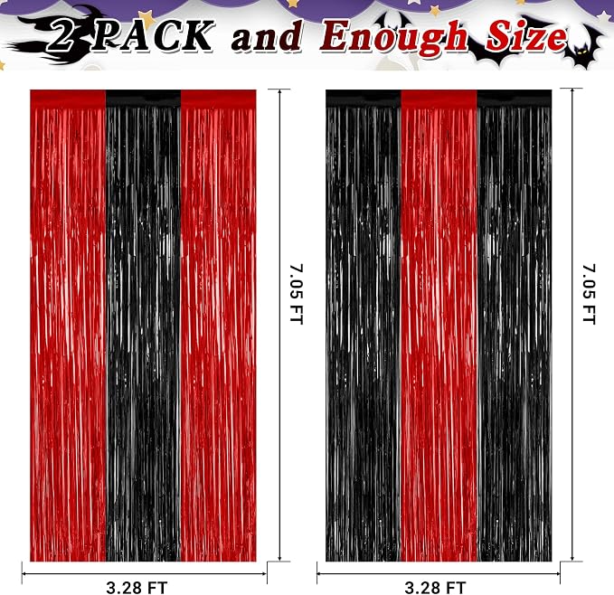 ZATAYE 2 Pack Black Red Halloween Foil Curtain Streamer Decorations | Black Red - Image 2