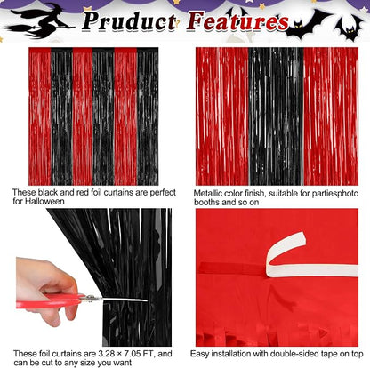 ZATAYE 4 Pack Black Red Halloween Foil Curtain Streamer Decorations | Black Red - Image 4
