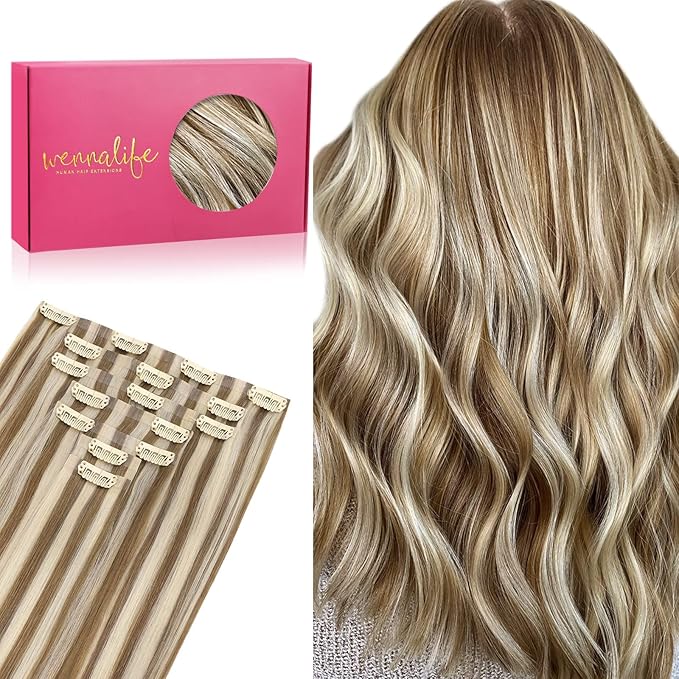 WENNALIFE Seamless Clip In Hair Extensions Human Hair, 12 Inch 80g 7pcs Ash Brown with Platinum Blonde Highlights Real Hair Extensions Clip in Human Hair Invisible PU Weft Natural Remy Hair