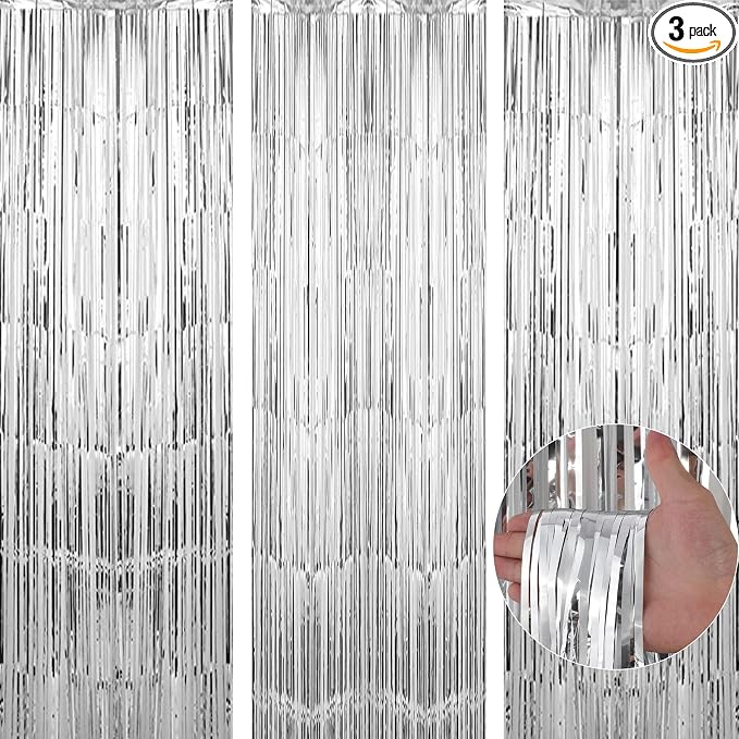 TenLaitech 3 Pack 3.3 x 9.9 ft Silver Foil Fringe Backdrop Curtain, Streamer by TenLaitech