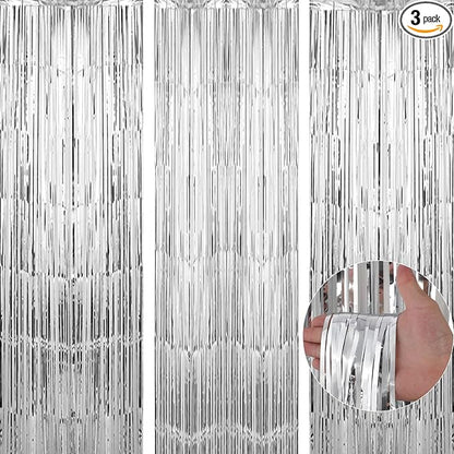 TenLaitech 3 Pack 3.3 x 9.9 ft Silver Foil Fringe Backdrop Curtain, Streamer by TenLaitech